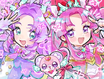 2girls :d akechi_anna blue_eyes blush_stickers commentary_request cure_answer cure_mystique doradorakingyo dress fingerless_gloves gloves kobayashi_mikuru long_hair looking_at_viewer magical_girl meitantei_precure! multiple_girls open_mouth parted_bangs pink_hair portrait precure purple_dress purple_eyes purple_hair smile thick_eyebrows white_dress