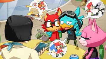 2boys 2girls animal_ears avatar_(sonic_forces) black_hair black_shirt brenda_(sonic) can cat_ears fingerless_gloves furry furry_female furry_male glasses gloves holding holding_phone infinite_(sonic) joeadok multiple_boys multiple_girls opaque_glasses open_mouth phone shirt sonic_(series) sonic_forces sonic_the_hedgehog sonic_unleashed yellow_eyes