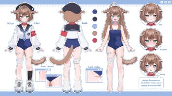 1girl :&lt; :3 :d @_@ absurdres ahoge animal_collar animal_ears armband artist_name bandage_on_knee bandaid_on_thigh beret black_hat black_sailor_collar black_socks blue_border blue_eyes blue_hair blue_nails blue_neckerchief blue_one-piece_swimsuit blush border braid breasts brown_hair brown_tail cat_ears cat_girl cat_pendant cat_tail collar color_guide colored_inner_hair commentary competition_school_swimsuit covered_navel cropped_shirt ears_down fangs green_eyes hair_ornament hat heterochromia highres indie_virtual_youtuber kimukichi_0224 letterboxed long_hair long_sleeves michiyo_mao mole mole_on_ass mole_on_leg mole_on_thigh multicolored_hair multiple_expressions multiple_views neckerchief nose_blush official_alternate_hairstyle one-piece_swimsuit open_mouth outside_border pendant_collar puffy_long_sleeves puffy_sleeves red_armband red_collar reference_sheet sailor_collar school_swimsuit school_uniform second-party_source serafuku shoes short_hair single_braid single_sock small_breasts smile sneakers socks spanish_commentary swimsuit swimsuit_under_clothes tail translation_request turnaround twitter_username virtual_youtuber white_background white_serafuku white_shoes window_(computing) x_hair_ornament