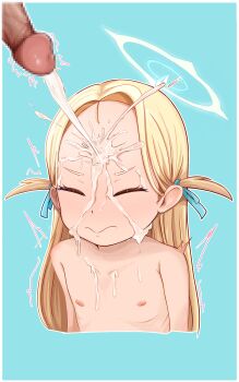 1boy 1girl blonde_hair blue_archive blue_background blue_halo blush censored closed_eyes closed_mouth collarbone cum cum_on_body cum_on_hair cum_on_upper_body cumdrip dot_nose ejaculation embarrassed eyelashes facial flat_chest forehead halo hetero loli long_hair mosaic_censoring nipples nude oscarlllll simple_background solo_focus sora_(blue_archive) two_side_up upper_body variant_set