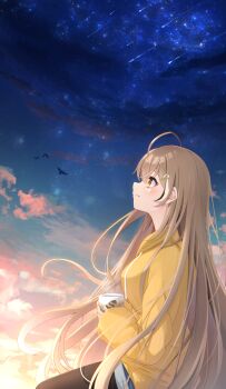 1girl ahoge alternate_costume bird brown_eyes brown_hair cloud cloudy_sky coffee coffee_mug commentary cup denim denim_shorts hair_down hair_ornament hairclip highres hololive hololive_english hood hoodie hot_kakigoori long_hair looking_up mug multicolored_hair nanashi_mumei night night_sky pantyhose shooting_star shorts sky solo star_(sky) starry_sky streaked_hair very_long_hair virtual_youtuber yellow_hoodie