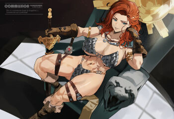 1girl absurdres armlet armor bikini_armor blue_eyes boots breasts brown_boots brown_gloves chair commentary commission english_commentary gloves highres holding holding_sword holding_weapon jewelry large_breasts metal_bikini muscular muscular_female park_ongjol red_hair red_sonja red_sonja_(comics) snake sword weapon window_shadow