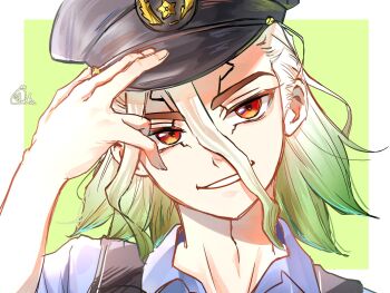 1boy adjusting_clothes blue_shirt border collared_shirt dr._stone eerika1114 gradient_hair green_background green_hair grin hair_between_eyes hand_up hat highres ishigami_senkuu looking_at_viewer male_focus multicolored_hair police police_hat police_uniform portrait red_eyes shirt smile solo two-tone_hair vest white_border white_hair
