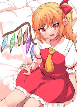 Rule 34 | 1girl, ascot, blonde hair, bow, crystal wings, dress, fangs, feet out of frame, flandre scarlet, frilled dress, frilled sleeves, frills, fuuzasa, hair bow, highres, long hair, looking at viewer, no headwear, on bed, open mouth, puffy short sleeves, puffy sleeves, red bow, red dress, red eyes, short sleeves, side ponytail, sitting, slit pupils, solo, touhou, wings, yellow ascot