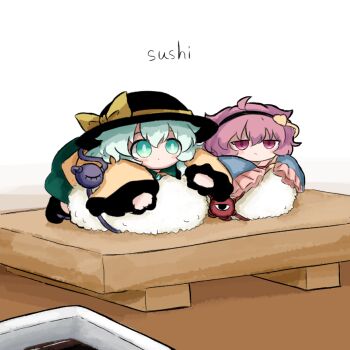 2girls black_boots black_hairband black_hat blue_shirt boots buttons commentary_request contrast_collar diamond_button eyeball food frilled_sleeves frills green_eyes green_hair green_skirt hair_ornament hairband hat hat_ribbon heart heart_hair_ornament heripantomorrow in_food komeiji_koishi komeiji_satori mini_person minigirl multiple_girls pink_eyes pink_hair ribbon shirt siblings sisters skirt sushi third_eye touhou wide_sleeves yellow_ribbon yellow_shirt