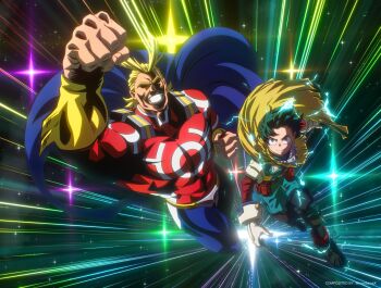Rule 34 | 2boys, absurdres, all might, black sclera, blonde hair, blue bodysuit, bodysuit, boku no hero academia, colored sclera, commentary, english commentary, green hair, hair slicked back, highres, innosamax, male focus, mature male, midoriya izuku, multiple boys, muscular, muscular male, spiked hair, superhero costume, teacher and student