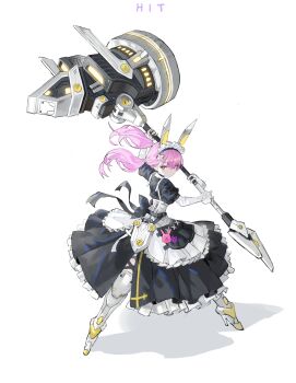 Rule 34 | 1girl, :3, absurdres, animal ears, apron, armored boots, arowana2111, badge, boots, bow, button badge, commentary, cross hair ornament, dress, dynamic pose, english commentary, english text, frilled dress, frilled sleeves, frills, glowing, glowing weapon, hair ornament, hammer, highres, holding, holding weapon, huge weapon, long hair, low twintails, maid, maid apron, maid headdress, mechanical boots, narrow waist, original, pink hair, rabbit ears, red eyes, science fiction, side slit, simple background, solo, suspender apron, suspenders, thigh strap, twintails, two-handed, waist bow, weapon, white background