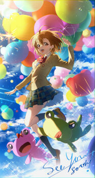 1girl absurdres balloon black_socks blue_sky blush bow bowtie breasts brown_eyes brown_hair cloud english_text eyelashes flower full_body gekota hair_between_eyes hair_flower hair_ornament highres holding holding_string jacket jumping kagura_kurosaki loafers long_sleeves looking_at_viewer looking_to_the_side medium_hair miniskirt misaka_mikoto nose open_mouth pleated_skirt pyonko red_bow red_bowtie shirt shoes skirt sky small_breasts smile socks solo sparkle string teeth thighs toaru_kagaku_no_railgun toaru_kagaku_no_railgun_t toaru_majutsu_no_index upper_teeth_only white_shirt winter_uniform yellow_jacket