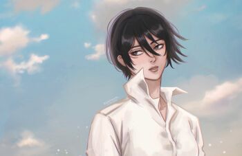 1girl black_hair blue_sky breasts cloud cloudy_sky collared_shirt commentary english_commentary facial_scar grey_eyes hair_between_eyes highres looking_to_the_side maye medium_breasts mikasa_ackerman parted_lips scar scar_on_cheek scar_on_face shingeki_no_kyojin shirt short_hair sky solo twitter_username upper_body white_shirt wind