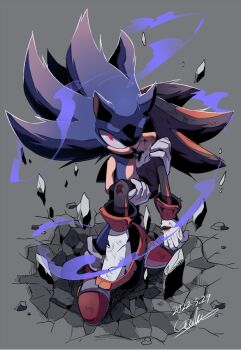 2boys artist_name aura black_fur blood blood_on_clothes breaking dark_sonic floating floating_hair floating_object furry furry_male gareki_sh gauntlets gloves injury lifting_person looking_at_viewer male_focus multicolored_fur multiple_boys purple_fur red_fur shadow_the_hedgehog shoes signature sonic_(series) sonic_the_hedgehog spiked_hair