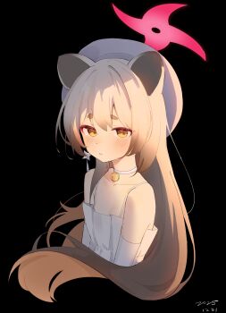 1girl animal_ears bare_shoulders bell black_background blue_archive blush breasts brown_hair choker cropped_torso dated dress earrings elbow_gloves gloves gradient_hair grey_hair hair_between_eyes halo hat highres jewelry long_hair looking_at_viewer makeup michiru_(blue_archive) michiru_(dress)_(blue_archive) multicolored_hair neck_bell orange_eyes parted_lips raccoon_ears raccoon_girl simple_background single_earring sleeveless sleeveless_dress small_breasts solo very_long_hair white_choker white_dress white_gloves white_hair xingye_jing_xuan