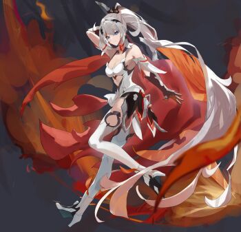 1girl absurdres black_gloves blue_eyes boots breasts cape clothing_cutout commentary_request dress fire from_side full_body gloves harutoman high_heels highres holding holding_sword holding_weapon honkai_(series) honkai_impact_3rd kiana_kaslana kiana_kaslana_(herrscher_of_flamescion) long_hair looking_at_viewer looking_to_the_side medium_breasts ponytail sleeveless sleeveless_dress solo stomach_cutout sword thigh_boots very_long_hair weapon white_boots white_dress white_hair