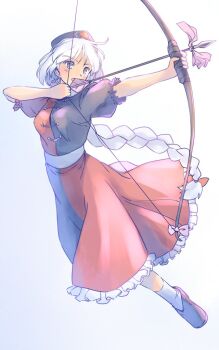 1girl black_shoes blue_dress blue_hat blush bow_(weapon) braid braided_ponytail commentary_request constellation_print cross drawing_bow dress full_body gradient_background grey_background grey_eyes grey_hair hat holding holding_bow_(weapon) holding_weapon long_hair nurse_cap one-hour_drawing_challenge open_mouth puffy_short_sleeves puffy_sleeves rangycrow red_cross red_dress sash shoes short_sleeves socks solo touhou two-tone_dress weapon white_sash white_socks yagokoro_eirin