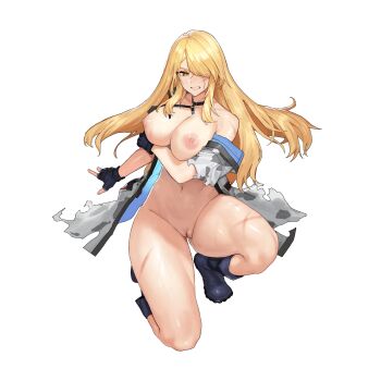 1girl angry arm_under_breasts black_choker blonde_hair blue_boots blue_gloves boots breasts camouflage camouflage_jacket choker cleavage clenched_teeth collarbone defeat fingerless_gloves full_body game_asset gloves hair_over_one_eye hand_on_own_arm high_heel_boots high_heels highres indomitable_marie injury jacket large_breasts last_origin long_hair looking_at_viewer military_jacket navel nipples non-web_source nude official_alternate_costume official_art on_one_knee open_clothes open_jacket open_mouth pussy rubber_boots self-datamine sidelocks simple_background skindentation solo sweat tachi-e teeth thick_thighs thighs torn_clothes torn_jacket torn_straps transparent_background tunamayo_(dsasd751) white_jacket yellow_eyes