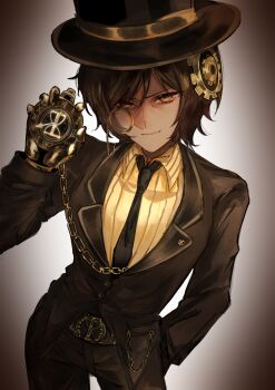 1girl 54ux absurdres belt black_hat black_jacket black_necktie black_pants blazer brown_hair buttons chain chinese_commentary clock collared_shirt commentary_request contrapposto cowboy_shot dark-skinned_female dark_skin gears gold_chain gold_gloves hand_in_pocket hand_up hat highres holding_clock jacket lapels limbus_company looking_at_viewer monocle necktie notched_lapels outis_(project_moon) pants parted_bangs perspective project_moon shirt short_hair smirk solo steampunk t_corp._(identity)_(project_moon) white_shirt yellow_eyes