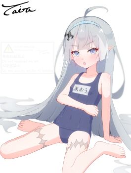 Rule 34 | 1girl, :o, absurdly long hair, absurdres, ahoge, alternate costume, arm support, artist name, bare arms, bare legs, bare shoulders, blue eyes, blue hairband, blue one-piece swimsuit, blush, breasts, center-flap bangs, character name, clip studio paint (medium), collarbone, commentary request, covered navel, fang, feet, female tyrant (stella sora), full body, gluteal fold, grey hair, hair ornament, hairband, highres, leg tattoo, legs, long hair, looking at viewer, multicolored hair, name tag, nose blush, old school swimsuit, one-piece swimsuit, pointy ears, school swimsuit, sidelocks, simple background, sitting, small breasts, solo, stella sora, straight hair, swimsuit, symbol in eye, taira (amlilith), tattoo, two-tone hair, tyrant (stella sora), v-shaped eyebrows, very long hair, wariza, watermark, white background, white streaks