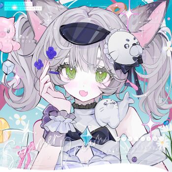 1girl absurdres animal_ear_fluff animal_ears blue_background blush cat_ears commentary_request cup fang flower food green_eyes grey_hair hair_ornament hand_up highres looking_at_viewer open_mouth original sensitive shi_mita smile solo sparkle twintails upper_body virtual_youtuber wrist_cuffs