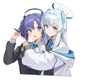 2girls absurdres black_jacket blue_archive blue_eyes blue_necktie blush collared_shirt cropped_torso grey_hair halo highres holding holding_pen hug jacket long_hair long_sleeves looking_at_viewer mechanical_halo multiple_girls necktie noa_(blue_archive) off_shoulder open_mouth pen purple_eyes purple_hair ryou_(ponpgo) shirt simple_background smile teeth two-sided_fabric two-sided_jacket two_side_up upper_body white_background white_jacket white_shirt yuuka_(blue_archive)