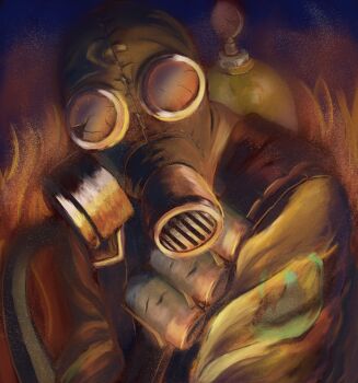 Rule 34 | 1boy, blu pyro (tf2), crack, explosive, fire, flamethrower, gas mask, goggles, holding flamethrower, holding weapon, ikumi, ikumi (iq3), male focus, mask, pyro (tf2), solo, team fortress 2, upper body, weapon