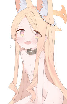 1girl absurdres animal_ears bare_shoulders blonde_hair blue_archive blush choker collarbone commentary_request extra_ears fang flat_chest fox_ears gradient_eyes groin gu_meng_yin halo highres long_hair looking_at_viewer multicolored_eyes nipples nude open_mouth parted_bangs seia_(blue_archive) skin_fang solo thighs very_long_hair yellow_background yellow_halo
