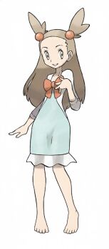 1girl ai-assisted bare_legs barefoot brown_hair dress feet gym_leader jasmine_(pokemon) long_hair nintendo official_art pokemon pokemon_hgss ribbon self-upload simple_background sugimori_ken third-party_edit toes white_background