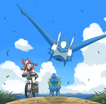 1girl bandana bicycle brown_hair cloud collared_shirt commentary_request day falling_leaves from_below gen_3_pokemon gloves grass latios leaf legendary_pokemon manectric may_(pokemon) mutou610 nintendo open_mouth outdoors pokemon pokemon_(creature) pokemon_rse red_bandana red_shirt riding riding_bicycle shirt shoes short_sleeves sky socks tongue