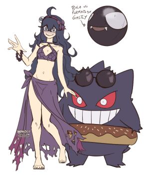 1girl @_@ absurdres ahoge alternate_costume ball beachball bead_bracelet beads bikini black_eyes black_hair black_nails bow bracelet breasts character_ball clothed_pokemon collarbone colored_sclera commentary donut donut_innertube evil_grin evil_smile eyewear_on_head food gastly gen_1_pokemon gengar grin hair_ornament hairband hand_up hex_maniac_(pokemon) hex_maniac_(pokemon_xy) highres hip_bones innertube jewelry long_hair long_skirt messy_hair nail_polish navel nintendo o-ring o-ring_collar pale_skin partially_shaded_face pokemon pokemon_(creature) pokemon_xy portuguese_text purple_bikini purple_hairband purple_sarong red_sclera sarong shaded_face skirt small_breasts smile sunglasses swim_ring swimsuit toenail_polish toenails torn_clothes torn_sarong torn_skirt translated very_long_hair wanderjegson white_eyes