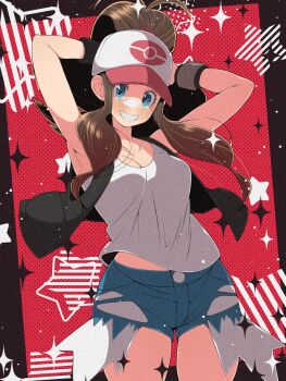 1girl baseball_cap black_vest blue_eyes blush breasts brown_hair commentary_request denim denim_shorts exposed_pocket fujiwara_hiro_(kaede_ciao) hat high_ponytail highres hilda_(pokemon) long_hair looking_at_viewer nintendo open_clothes open_mouth open_vest pokemon pokemon_bw ponytail shirt shorts sidelocks smile solo vest white_shirt wristband