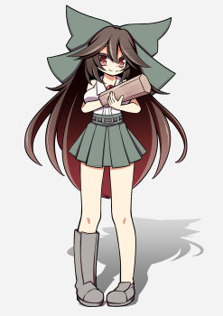 1girl arm_cannon asymmetrical_footwear belt boots bow breasts brown_hair closed_mouth commentary_request full_body green_bow green_skirt grey_boots grey_shoes hair_bow hair_flaps hekkmushi highres long_hair looking_at_viewer mismatched_footwear red_eyes red_pupils reiuji_utsuho shadow shirt shoes simple_background skirt smile solo standing third_eye touhou weapon white_background white_shirt