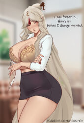 Rule 34 | 1girl, areola slip, arms under breasts, black nails, black skirt, blurry, blurry background, bra, breasts, cleavage, collared shirt, commentary, crossed arms, english commentary, english text, genshin impact, hair ornament, hair stick, highres, holding, holding paper, holy meh, large breasts, long hair, looking at viewer, nail polish, ningguang (genshin impact), office lady, paper, parted bangs, patreon username, pencil skirt, red eyes, shirt, skirt, solo, tassel, tassel hair ornament, thighs, underwear, very long hair, white hair, white shirt
