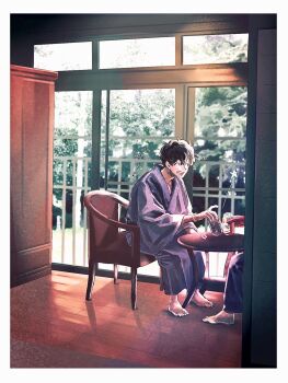 1boy 1other ^_^ alcohol barefoot beer beer_can black_hair bracelet can chair closed_eyes drink_can feet full_body highres holding holding_can japanese_clothes jewelry kemono_jihen kimono male_focus matsutake_umetaro open_mouth out_of_frame short_hair sitting solo_focus wao_(77_af5) yukata