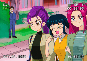 Rule 34 | 1990s (style), 3girls, black hair, braid, brenni murasaki, earrings, hair bun, halloween (movie), highres, jewelry, kpop demon hunters, long hair, looking at viewer, michael myers, mira (kpop demon hunters), multiple girls, pink hair, purple hair, retro artstyle, rumi (kpop demon hunters), shirt, sidelocks, smile, twintails, zoey (kpop demon hunters)