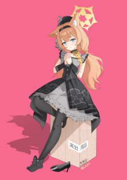 1girl absurdres animal_ear_fluff animal_ears black_dress black_hairband black_hat black_pantyhose blue_archive blue_eyes cat_ears cat_girl choker commentary_request cross dress frilled_choker frilled_dress frills full_body grey_dress grey_feathers hairband halo hat high_heels highres idol_clothes interlocked_fingers long_hair looking_at_viewer low_twintails mari_(blue_archive) mari_(idol)_(blue_archive) mini_hat mini_top_hat official_alternate_costume official_alternate_hairstyle orange_hair own_hands_together pantyhose pumps solo top_hat twintails uuu978 wrist_wrap yellow_halo