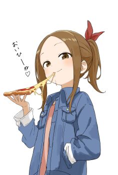 Rule 34 | 1girl, absurdres, aki (yunkana), blue jacket, brown eyes, brown hair, closed mouth, collared jacket, commentary request, eating, food, from below, hand in pocket, highres, holding, holding food, holding pizza, jacket, karakai jouzu no takagi-san, long hair, long sleeves, pink shirt, pizza, pizza slice, ponytail, shirt, sidelocks, simple background, smile, solo, takagi-san, translation request, upper body, white background