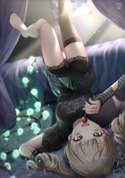 Rule 34 | 1girl, ahoge, aikatsu!, aikatsu! (series), aqua eyes, arm warmers, asymmetrical legwear, bedside, black shirt, blue nails, blush, brown hair, candy, curtains, cute took, diffraction spikes, drill hair, dutch angle, eyebrows hidden by hair, fang, fishnets, food, highres, indoors, kneehighs, lace trim, legs up, lens flare, lollipop, looking at viewer, lying, mismatched legwear, nail polish, on back, open mouth, plaid clothes, plaid skirt, pleated skirt, poster (object), shirt, single kneehigh, single sock, single thighhigh, skin fang, skirt, smile, socks, solo, string of light bulbs, striped sleeves, t-shirt, thighhighs, todo yurika, twin drills, twintails, uneven legwear, upside-down, upturned eyes, wristband, zettai ryouiki