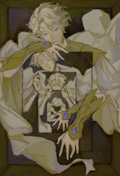 1boy blue_eyes cape chart hands_up highres nice_(to_be_hero_x) pants serious shirt sitting superhero_costume to_be_hero_x to_be_hero white_cape white_hair white_pants white_shirt