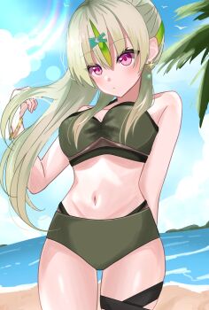Rule 34 | 1girl, arm behind back, bare shoulders, beach, bikini, bird, blue sky, blush, bracelet, breasts, closed mouth, cloud, commentary request, cowboy shot, day, e69465, earrings, green bikini, green hair, hair between eyes, hair ornament, heaven burns red, highres, horizon, jewelry, large breasts, lens flare, long hair, medium breasts, multicolored hair, navel, ocean, ooshima isuzu, outdoors, palm leaf, palm tree, pink eyes, ponytail, purple eyes, sidelocks, sky, solo, standing, streaked hair, swimsuit, thigh strap, tree, water, x hair ornament