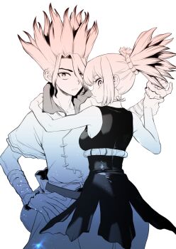 1boy 1girl bare_shoulders black_dress breasts commentary_request dr._stone dress hand_grab hand_on_another&#039;s_shoulder hand_on_own_hip hetero high_ponytail highres holding holding_another&#039;s_wrist implied_hetero ishigami_senkuu jewelry kohaku_(dr._stone) looking_at_viewer looking_back monochrome ninomae_gin pink_hair ponytail siblings sideboob simple_background sleeveless sleeveless_dress spiked_hair white_background