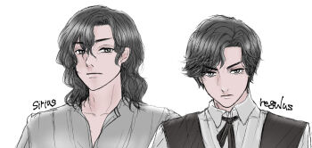 2boys black_hair brothers character_name closed_mouth collar collarbone eyebrows_hidden_by_hair grey_eyes hair_between_eyes harry_potter_(series) looking_at_viewer male_focus multiple_boys pixiv_id_18162730 regulus_black shirt short_hair siblings simple_background sirius_black upper_body vest white_background wing_collar wizarding_world