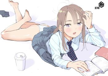 Rule 34 | 1girl, adjusting hair, bare legs, barefoot, blue necktie, blue shirt, blue skirt, blush, book, cup, disposable cup, dot nose, highres, long sleeves, looking at viewer, lying, masuda (yousaytwosin), necktie, on stomach, open book, original, panties, parted lips, pleated skirt, polka dot, polka dot panties, purple eyes, shirt, skirt, socks, solo, striped necktie, underwear, unworn socks, white panties