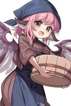 Rule 34 | 1girl, absurdres, animal ear piercing, animal ears, apron, bird ears, bird wings, blue apron, blue headscarf, blush, breasts, brown eyes, brown kimono, bucket, commentary request, earrings, headscarf, highres, holding, holding bucket, hoop earrings, japanese clothes, jewelry, kimono, looking at viewer, medium breasts, mystia lorelei, okamisty, open mouth, pink hair, pokopoko ponzu, single earring, smile, solo, tasuki, touhou, wings, wooden bucket