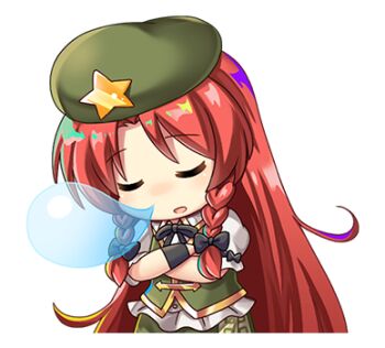 Rule 34 | 1girl, beret, black bow, black bowtie, bow, bowtie, braid, chibi, chibi only, closed eyes, collared shirt, crossed arms, facing viewer, green hat, green skirt, green vest, hair bow, hat, hat ornament, hong meiling, long hair, lowres, nose bubble, official art, open mouth, puffy short sleeves, puffy sleeves, red hair, rotte (1109), second-party source, shirt, short sleeves, skirt, sleeping, solo, star (symbol), star hat ornament, sticker (medium), touhou, touhou lostword, transparent background, twin braids, very long hair, vest, white shirt