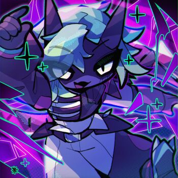 1girl alter_(apex_legends) apex_legends black_gloves black_sclera bodysuit colored_sclera fangs gloves green_hair grey_bodysuit highres horns looking_at_viewer open_mouth portal_(object) rice_sugois short_hair single_sleeve skin_fangs smile solo sparkle white_eyes