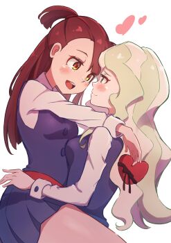 Rule 34 | 2girls, absurdres, blonde hair, blue eyes, blush, box, brown hair, diana cavendish, green hair, heart, heart-shaped box, high ponytail, highres, kagari atsuko, little witch academia, long hair, luna nova school uniform, madabau, multicolored hair, multiple girls, ponytail, red eyes, school uniform, shirt, sitting, sitting on lap, sitting on person, smile, thighs, two-tone hair, valentine, wavy hair, witch, yuri