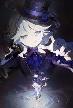 1girl ascot asymmetrical_gloves black_gloves blue_ascot blue_eyes blue_gemstone blue_hair blue_jacket closed_mouth furina_(genshin_impact) gem genshin_impact gloves hat heterochromia highres jacket long_hair long_sleeves mismatched_gloves mismatched_pupils multicolored_hair puppet puppet_strings shorts smile solo streaked_hair top_hat white_gloves white_hair white_shorts yu_no6767