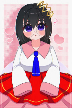 1girl ? alt_0218 black_hair blush braid commentary_request crown fairy fairy_wings glasses heart highres kirby_(series) kirby_64 long_skirt looking_at_viewer low_twin_braids nintendo parted_lips pink_background purple_eyes ripple_star_queen signature skirt sleeves_past_fingers sleeves_past_wrists twin_braids wings