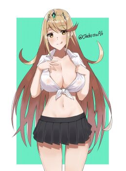 1girl black_skirt blonde_hair breasts commission female_focus green_background hair_ornament headpiece highres j@ck large_breasts long_hair mythra_(xenoblade) nintendo nipples school_uniform see-through_clothes shirt simple_background skirt solo swept_bangs tongue very_long_hair white_background white_shirt xenoblade_chronicles_(series) xenoblade_chronicles_2