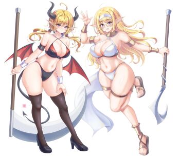 2girls absurdres ahoge bikini black_bikini black_pantyhose black_shoes black_thighhighs blonde_hair bracer breasts cleavage closed_mouth commentary_request curvy demon_girl demon_horns demon_tail demon_wings detached_collar elf glasses hair_tubes high_heels highleg highres holding holding_scythe holding_staff horns large_breasts long_hair looking_at_viewer multiple_girls navel open_mouth original pantyhose pointy_ears purple_eyes sandals scythe shoes simple_background smile staff standing swimsuit tail thigh_strap thighhighs thighs toes tong_shui twintails waving white_background white_bikini wings