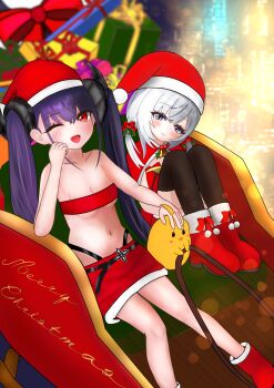 2girls absurdres azur_lane black_horns box breasts christmas christmas_tree commentary_request fangs felix_schultz_(azur_lane) flandre_(azur_lane) gift gift_box hair_ribbon hat highres horns manjuu_(azur_lane) medium_hair merry_christmas multiple_girls navel purple_eyes purple_hair red_eyes red_ribbon red_skirt red_tube_top ribbon santa_hat skirt sleigh small_breasts soda-mayomayo stomach strapless tube_top twintails white_hair