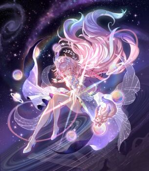 1girl aqua_hair artist_name blue_eyes cyrene_(honkai:_star_rail) cyrene_(ripples_of_past_reverie)_(honkai:_star_rail) dress flower hair_flower hair_ornament halo hashtag-only_commentary high_heels highres honkai:_star_rail honkai_(series) long_hair mem_(honkai:_star_rail) multicolored_hair pink_hair planet purple_eyes space star_(sky) thighs tomatokingjp two-tone_hair very_long_hair white_dress